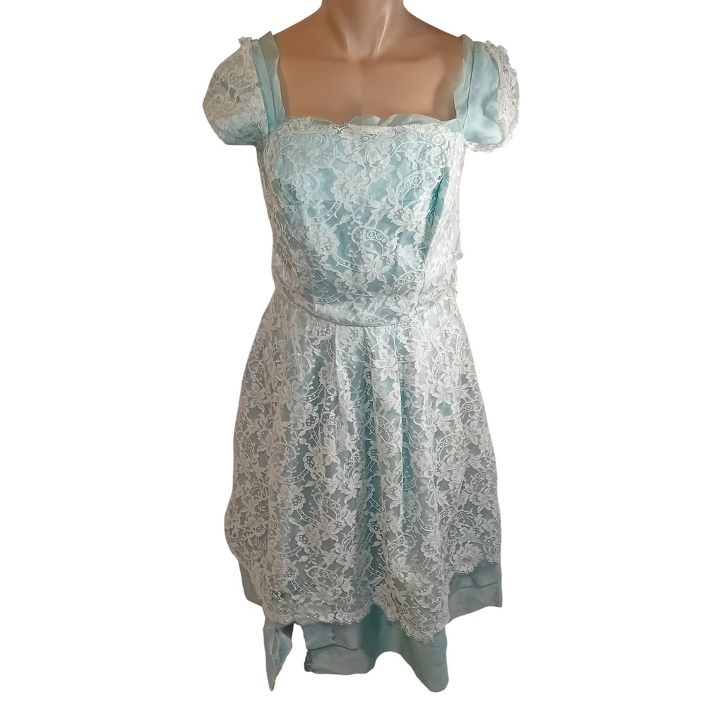 Vintage 80s Junior Vogue Aqua Lace Party Formal Dress Retro Flare Fit 12/14 READ
